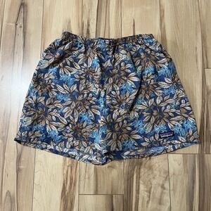 PATAGONIA Mens Sz S Baggies Shorts Hevea Leaves  Blue Brown Mesh Lined 5"